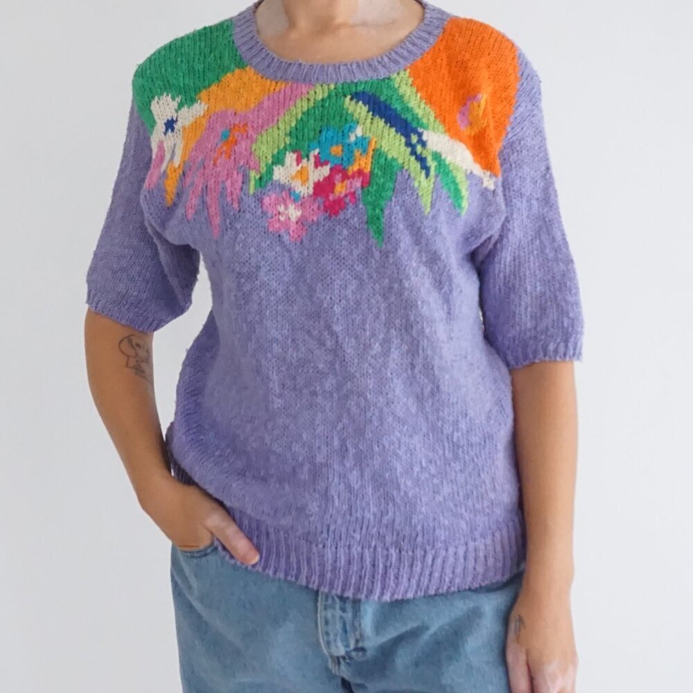 Vintage Ginger Meggs Purple Knit Tropical Floral Garden Party Sweater M